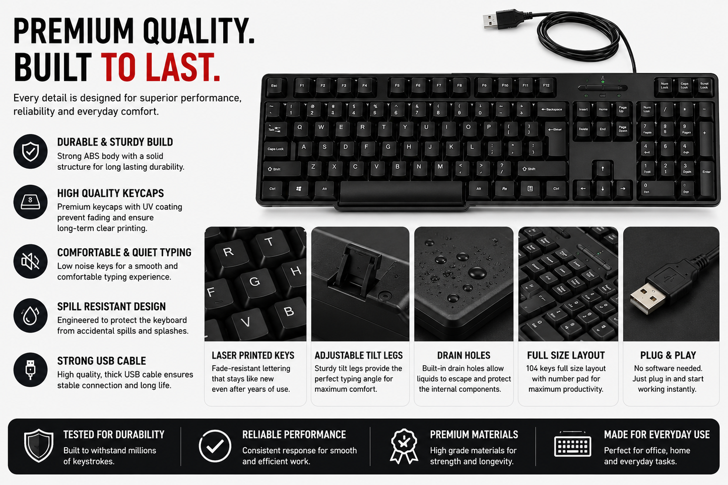 Adefex Combo Wired USB Keyboard & Mouse with 7-Position Adjustable Metal Laptop Stand & Cleaning Gel with Non-Slip Mouse Pad for Home, Office & Gaming Setup