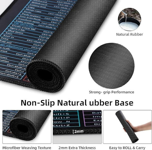 Adefex Large Mouse Pad with Shortcut Keys Design | Extended Computer Desk Mat with Smooth Surface Non-Slip Rubber Base Comfortable Full Desk Coverage Mouse Pad 800 x 300 x 3 mm -Black