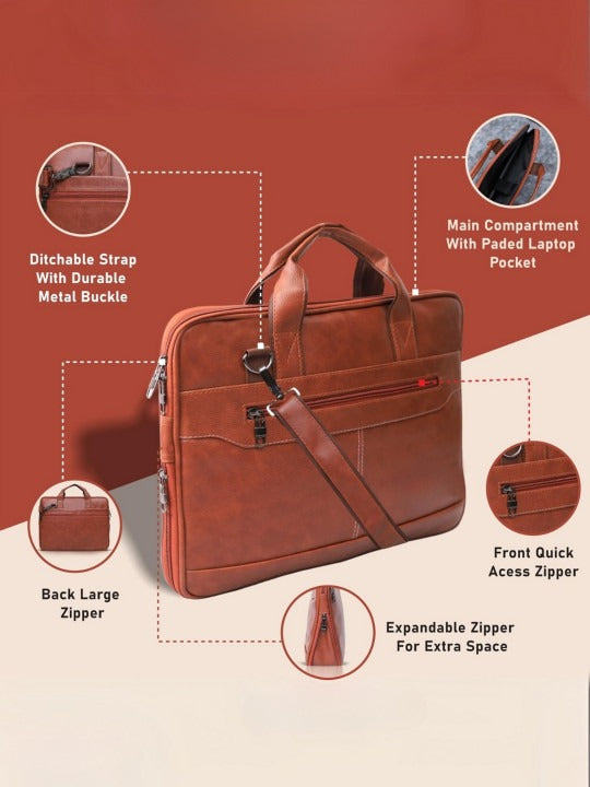 Adefex PU Leather Laptop Messenger Bag for 15.6 Inch Laptop | Expandable Office Briefcase with Multiple Organisers and Adjustable Shoulder Strap Water Resistant Laptop Bag for Men & Women