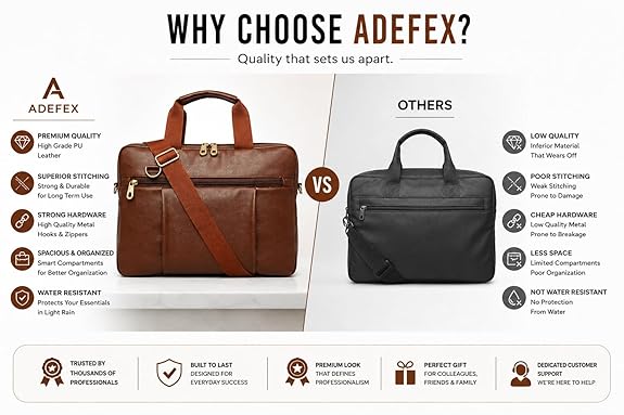 Adefex PU Leather Laptop Messenger Bag for 15.6 Inch Laptop | Expandable Office Briefcase with Multiple Organisers and Adjustable Shoulder Strap Water Resistant Laptop Bag for Men & Women