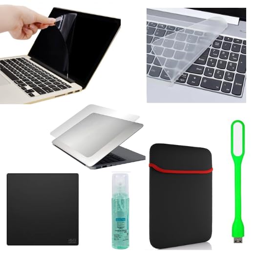 Adefex Laptop Protection Combo - Screen Guard, Keyboard Protector & Transparent Laptop Skin and Laptop Sleeve with Led Light , Mousepad, & Cleaning Gel | Scratch Resistant, Bubble Free & Waterproof Clear Film Long-Lasting Daily Use Protection Accessories