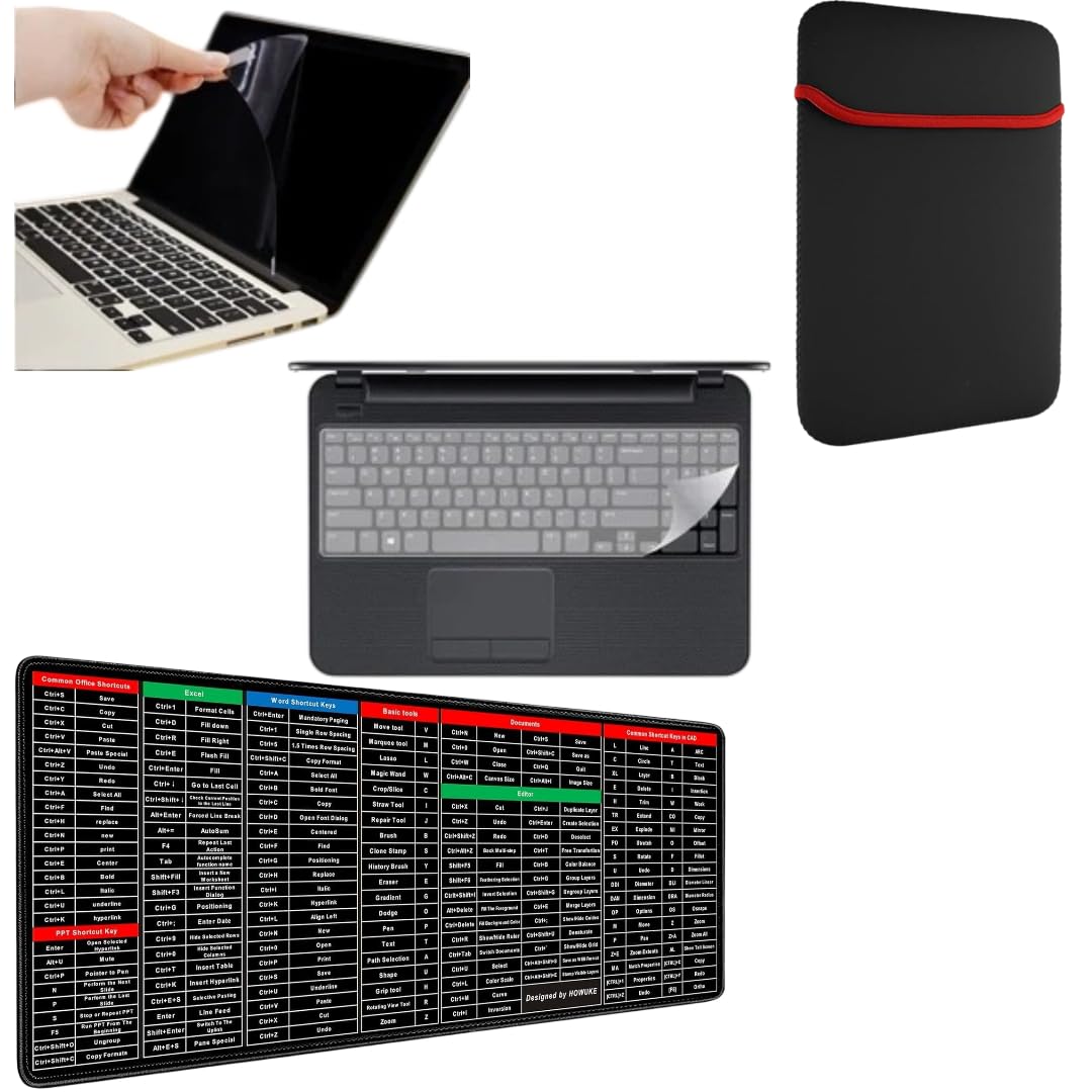 Adefex Laptop Protection Combo | Reversible Red & Black Neoprene Laptop Sleeve with HD Clear Screen Guard, Transparent Keyboard Protector and Shortcut Keys Mouse Pad (14 Inch Laptops)