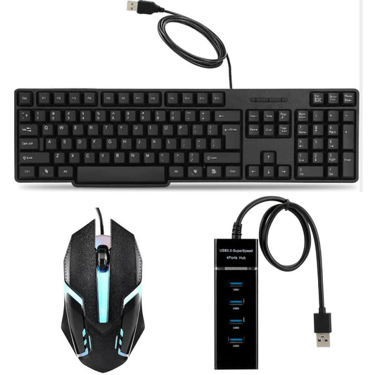 Adefex Wired Keyboard & Mouse Combo with 4 Port USB Hub | Keyboard Mouse Set for Laptop & PC | High DPI Wired Gaming Mouse | USB Hub for Laptop/Computer | Office & Game Accessories Combo