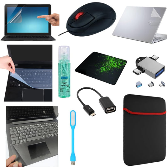 Adefex 11 in 1 Laptop Screen Guard, Keyguard, Trackpad & Body Skin with Wired Mouse, Mouse Pad, Sleeve, USB Led Light, OTG & Cleaning Gel Scratch Resistant, Waterproof & Bubble Free Laptop Accessories