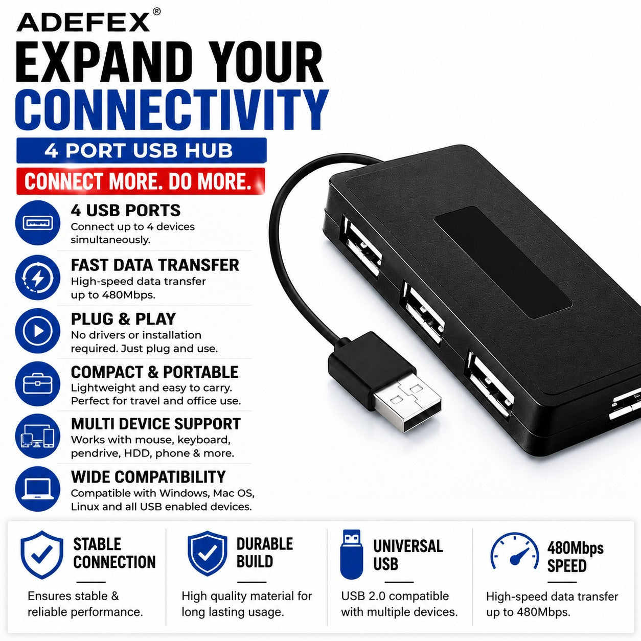 ADEFEX- Complete Desktop Essentials Combo 5 in 1 Set of Keyboard and Mouse with USB -Hub, Mouse Pad and OTG Cable