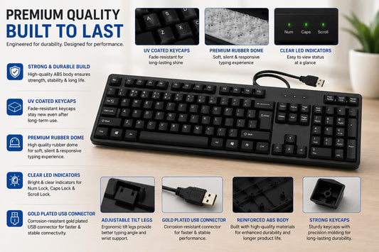 Adefex Wired Keyboard Black | Full-Size USB Keyboard with Numeric Keypad | Plug and Play | Compatible with Desktop, Laptop, PC -Black