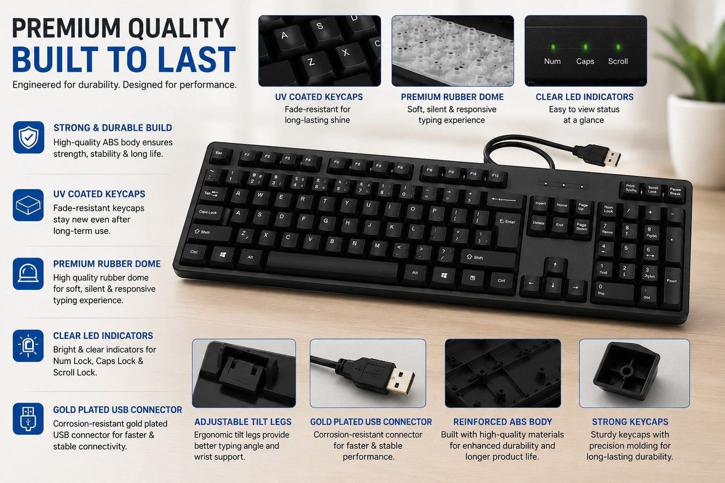 Adefex Set of 5 Combos of USB Wired Keyboard, Wired Mouse, Mouse Pad Base Waterproof, Type A to Type C OTG Adapter & 4 Port USB HUB for PC, Laptop, Computer