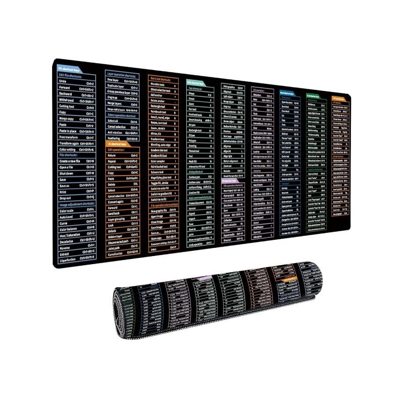 Adefex Large Mouse Pad with Shortcut Keys Design | Extended Computer Desk Mat with Smooth Surface Non-Slip Rubber Base Comfortable Full Desk Coverage Mouse Pad 800 x 300 x 3 mm -Black