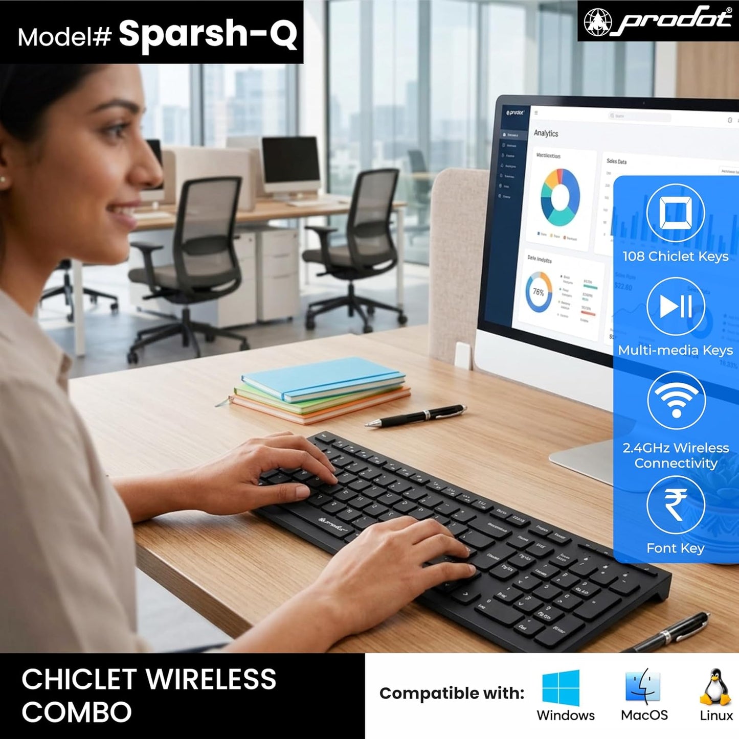 Prodot Sparsh Quad Wireless Chicklet Keyboard and Mouse Combo | Plug & Play | Adjustable 800-1600 DPI | 10M Keystrokes | Spill Resistant | 2.4GHz 10m Range | Works with Windows, iOS, Linux