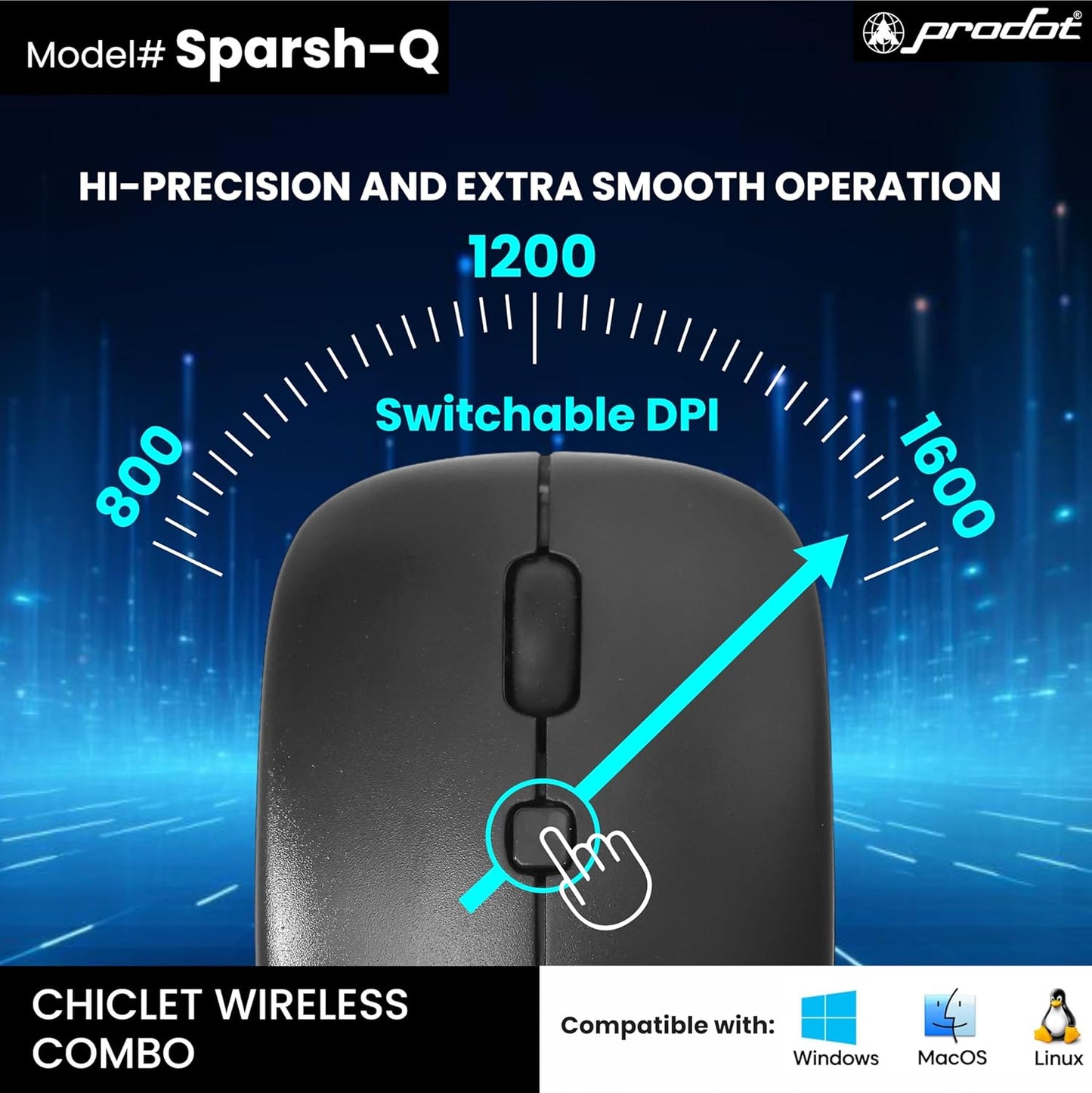 Prodot Sparsh Quad Wireless Chicklet Keyboard and Mouse Combo | Plug & Play | Adjustable 800-1600 DPI | 10M Keystrokes | Spill Resistant | 2.4GHz 10m Range | Works with Windows, iOS, Linux