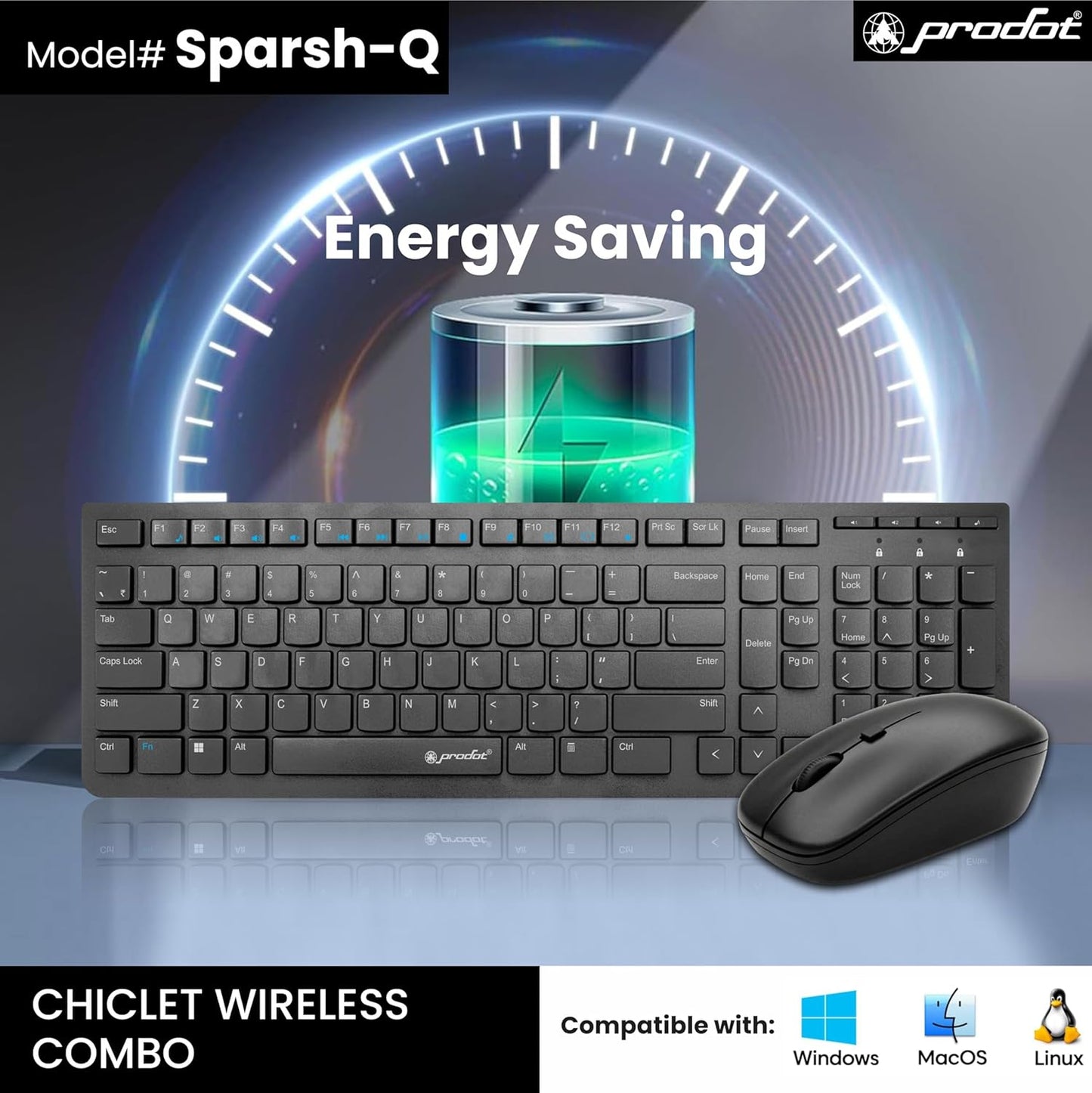 Prodot Sparsh Quad Wireless Chicklet Keyboard and Mouse Combo | Plug & Play | Adjustable 800-1600 DPI | 10M Keystrokes | Spill Resistant | 2.4GHz 10m Range | Works with Windows, iOS, Linux