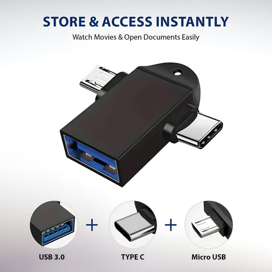 Adefex Store black multi-port OTG adapter featuring USB 3.0, Type C, and Micro USB connectors for versatile connectivity.