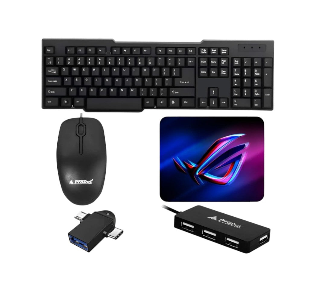 Adefex Store 5-in-1 computer accessory set including a black wired keyboard, mouse, mouse pad, OTG adapter, and USB hub.