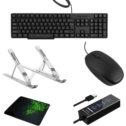 Adefex Set of 5 Combo USB Wired Keyboard and Mouse with 7 Angle Adjustabel Metal Laptop Stand, Mouse Pad Base & 4 Port USB Hub for Desktop & Laptop Accessories Combo for Office, Study and Home Use