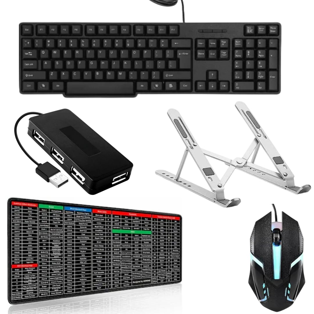 Adefex USB Wired Keyboard, Gaming Mouse with Shortcut Keys Non-Slip Mouse Pad Large | 7 Angle Adjustable Metal Laptop Stand and 4 Port USB Hub Desktop & Laptop Accessories for Office & Gaming Use