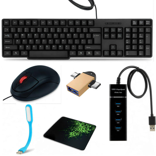 Adefex 6-in-1 Computer Accessories Combo – Full Size Wired Keyboard, Wired Optical Mouse, 4-Port Hub USB 3.0, OTG Adapter, LED USB Light & Mouse Pad – Complete Work from Home Setup (Black)