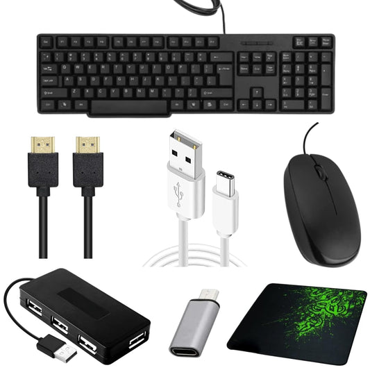Adefex Set of 7 Combo USB Wired Keyboard, Mouse and Mouse Pad | 4 Port USB Hub with 4K HDMI Cable and Type-C USB Cable with OTG Adapter Desktop & Laptop Accessories for PC, Office & Home Use