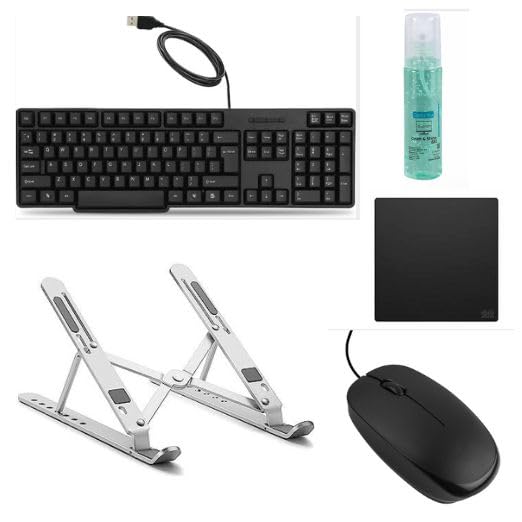 Adefex Combo Wired USB Keyboard & Mouse with 7-Position Adjustable Metal Laptop Stand & Cleaning Gel with Non-Slip Mouse Pad for Home, Office & Gaming Setup