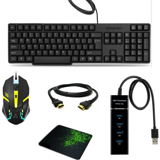 Adefex Wired Keyboard and RGB Gaming Mouse 1200 DPI | 4 Port USB Hub LED Light with Mouse Pad and 4K 60Hz HDMI Cable (1.5 Meter) - All-in-One Computer Setup Kit for Gaming, Office & Home