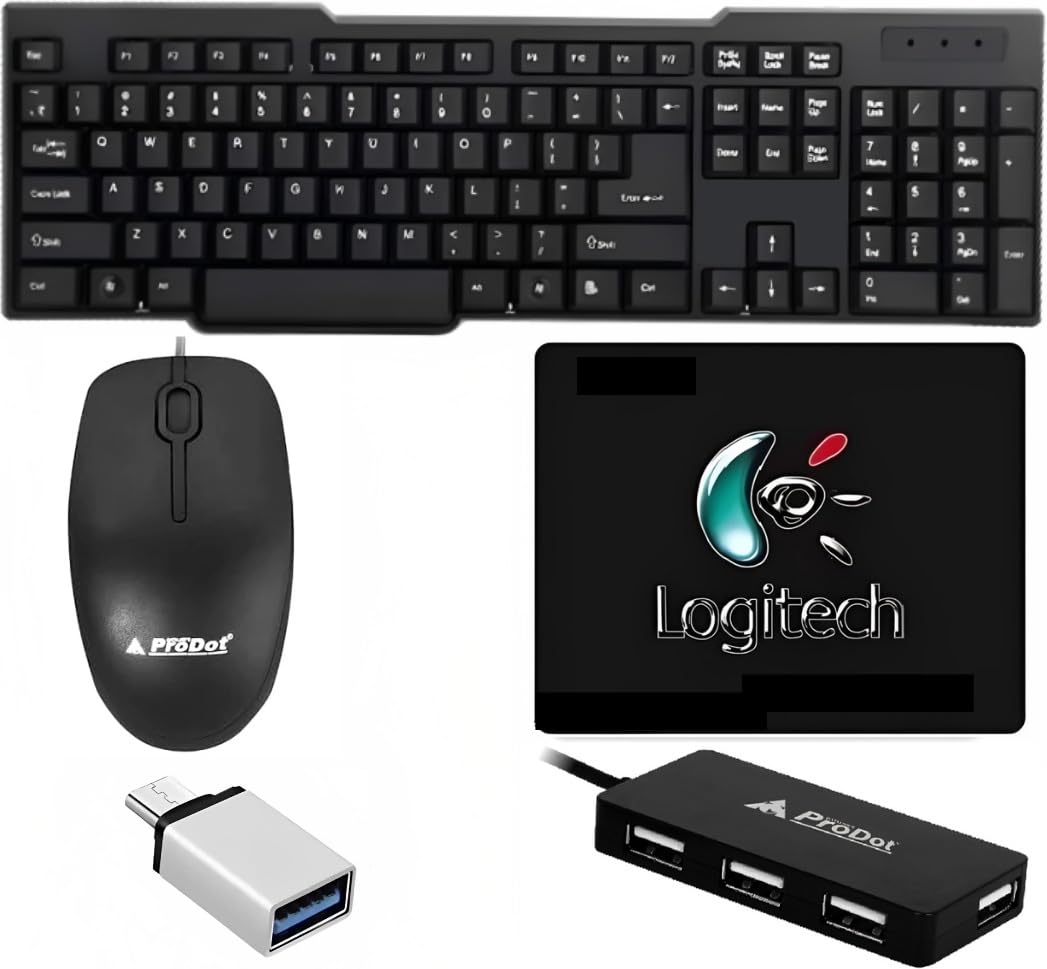 ADEFEX- Complete Desktop Essentials Combo 5 in 1 Set of Keyboard and Mouse with USB -Hub, Mouse Pad and OTG Cable