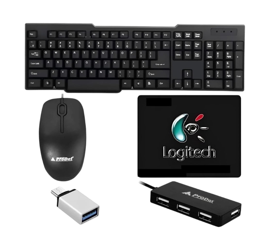 ADEFEX- Complete Desktop Essentials Combo 5 in 1 Set of Keyboard and Mouse with USB -Hub, Mouse Pad and OTG Cable