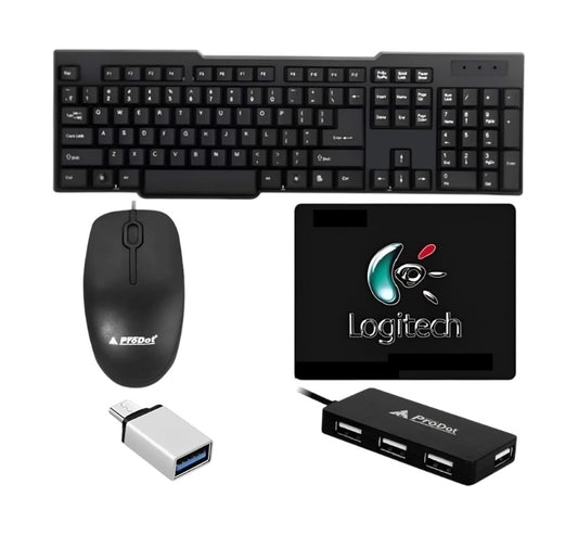 ADEFEX- Complete Desktop Essentials Combo 5 in 1 Set of Keyboard and Mouse with USB -Hub, Mouse Pad and OTG Cable