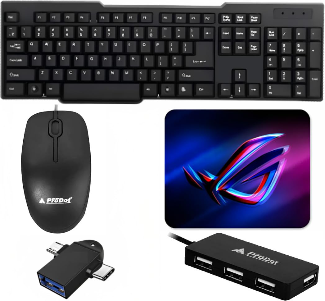 Adefex Set of 5 Combos of USB Wired Keyboard, Wired Mouse, Mouse Pad Base Waterproof, Type A to Type C OTG Adapter & 4 Port USB HUB for PC, Laptop, Computer