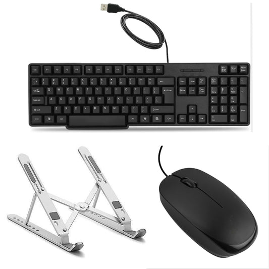 Adjustable & Foldable Laptop Stand | Wired Keyboard & Mouse - Smooth Control Quiet Click | Compatible with all Laptop, Desktop Setup