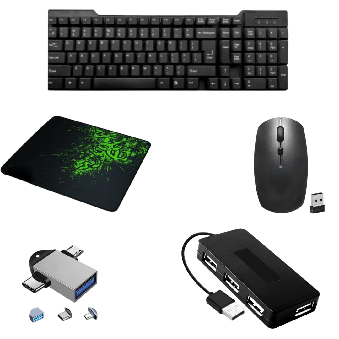 Adefex Wireless Keyboard Mouse Combo with Mouse Pad, 4 Port USB Hub and 2 in 1 OTG Adapter | Full Size Keyboard, Silent Mouse and Smooth Daily Typing Experience | Compatible with Laptop & PC | Black