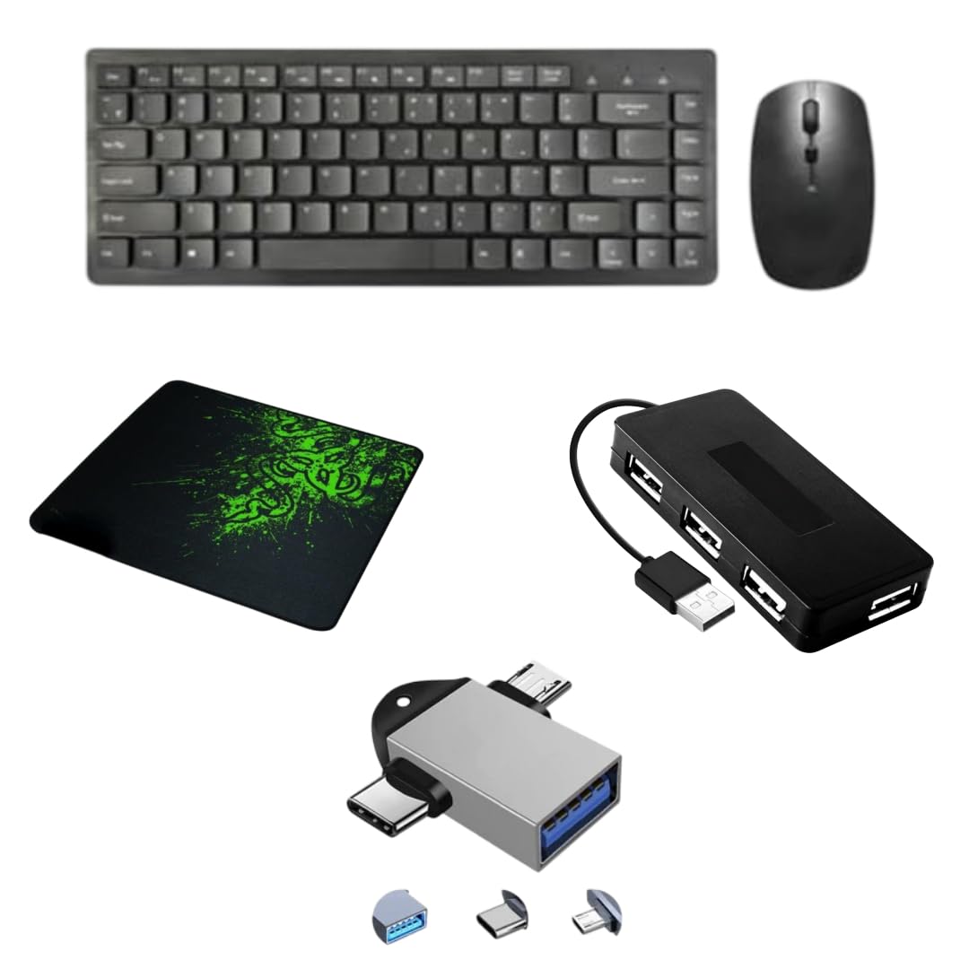 Adefex Mini Wireless Keyboard and Mouse Combo with Mouse Pad, 4 Port USB Hub and 2 in 1 OTG Adapter | Silent Mouse, Compact Slim Design and Comfortable Typing | Compatible with Laptop & PC | Black