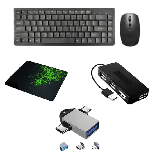Adefex Mini Wireless Keyboard and Mouse Combo with Mouse Pad, 4 Port USB Hub and 2 in 1 OTG Adapter | Silent Mouse, Compact Slim Design and Comfortable Typing | Compatible with Laptop & PC | Black