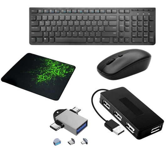 Adefex Wireless Chiclet Keyboard and Mouse Combo with Mouse Pad, 4 Port USB Hub & 2 in 1 OTG Adapter | Silent Mouse with 800–1600 DPI and Slim Wireless Setup | Compatible with Laptop & PC | Black