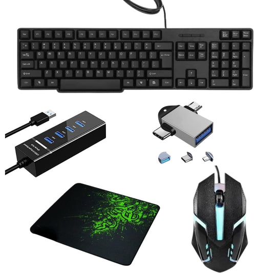 Adefex Computer Accessories Combo Set | Wired Keyboard & Gaming Mouse with Mouse Pad | 4 Port USB Hub & 2-in-1 OTG Adapter All-in-One Combo for Laptop, PC & Smartphone