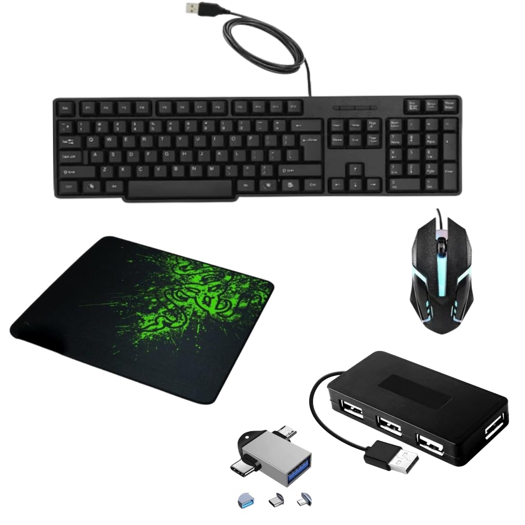 Adefex Wired Combo Set - Wired Keyboard, Gaming Mouse with Non Slip Rubber Mouse Pad, 4 Port USB Hub & 2 in 1 OTG Adapter | Plug & Play USB Setup Desktop/Laptop Accessories