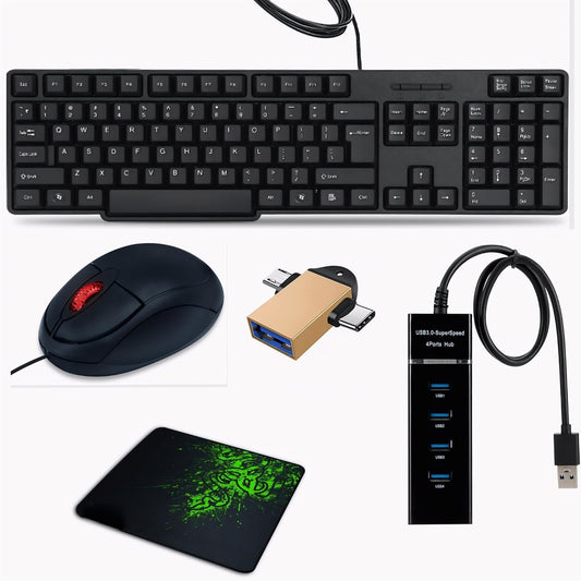 Adefex 5-in-1 Desktop Combo Wired Keyboard with Numeric Keypad, Optical Wired Mouse, 4 Port USB Hub 3.0, 2 in1 OTG & Mouse Pad | Support for PC, Laptop & Computer Systems