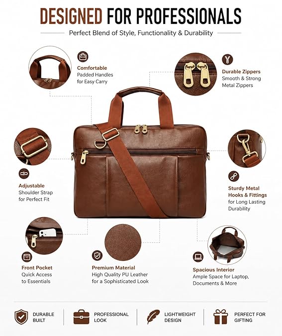 Adefex Leather Laptop office Bag for Men & Women | Laptop Messenger Bag for 14.6 Inch Laptop with Adjustable Shoulder Strap and Multiple Organizer Pockets - Brown
