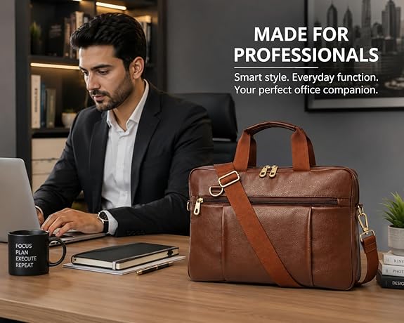 Adefex Leather Laptop office Bag for Men & Women | Laptop Messenger Bag for 14.6 Inch Laptop with Adjustable Shoulder Strap and Multiple Organizer Pockets - Brown