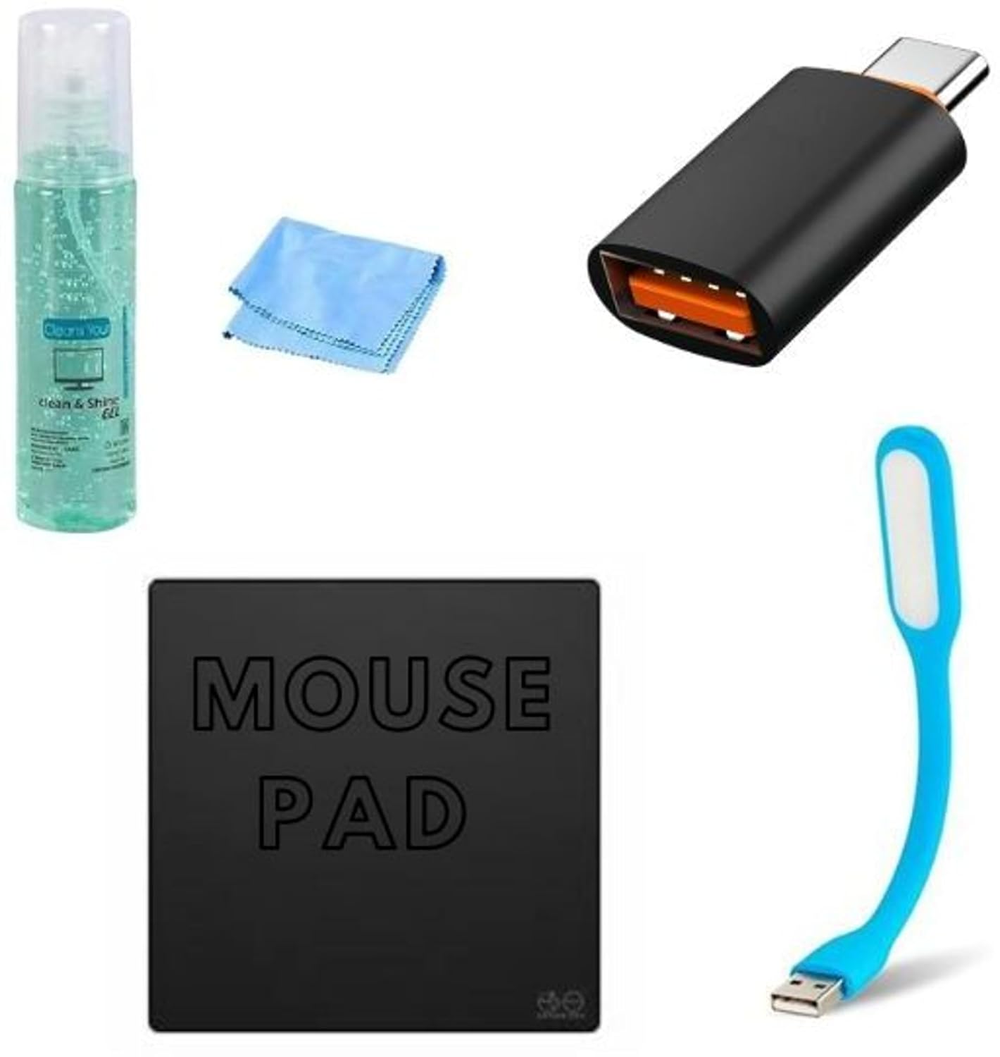 Adefex 5-in-1 Laptop Accessories Combo Kit | Screen Cleaning Spray with Cloth, USB Type-C Adapter, Flexible USB LED Light & Anti-Slip Mouse Pad | Essential Laptop Utility Set for Office & Home Use
