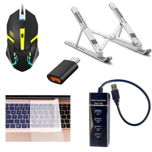 Adefex Ergonomic Metal Laptop Stand 7 Angles Position| 1200 DPI RGB Gaming Mouse | Silicone Keyguard & 4-Port USB Hub LED Light,with Type- C OTG Combo for Laptop, PC, Gaming, Office