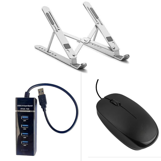 Metal Silver Laptop Stand Adjustable 6 Angles for Ergonomic Comfort | Wired Mouse & High-Speed 4-Port USB Hub | Compatible with all Laptops & Notebook