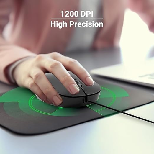 Adefex High Precision Wired Computer Mouse | 1200-7200 Adjustable DPI | Silent Click Buttons | Ultra Lightweight Design and Matte Black Finish | Plug & Play USB for PC, Laptop, Desktop - Black