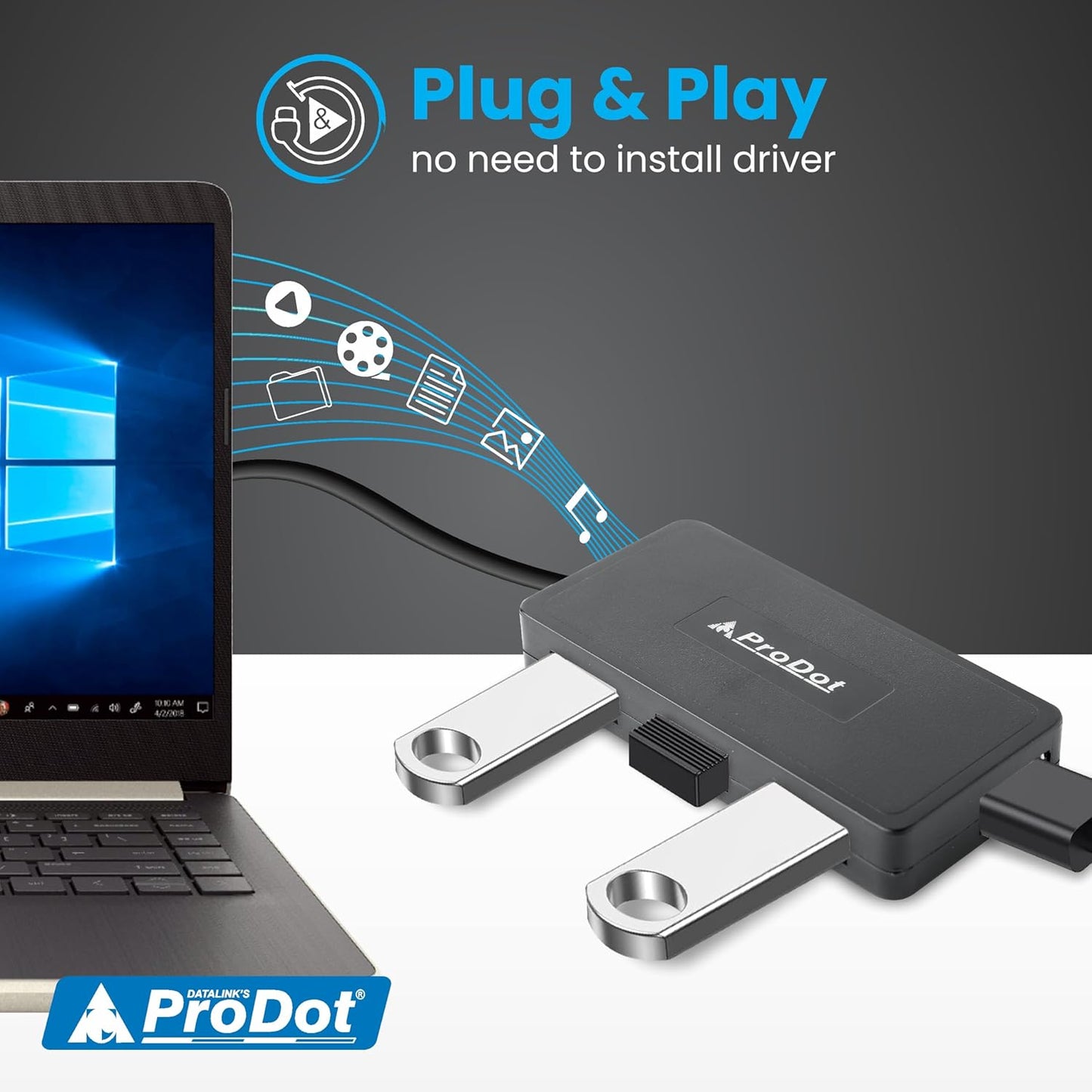 ProDot 4-in-1 USB Hub 2.0 with Hi-Speed Data Transfer 480 Mbps I Plug & Play I Universally Compatible with Speaker, Laptop, Hard Drive, PC, Laptop etc. I 1 Year Warranty (Play Plus)