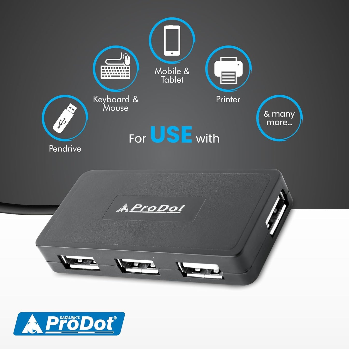 ProDot 4-in-1 USB Hub 2.0 with Hi-Speed Data Transfer 480 Mbps I Plug & Play I Universally Compatible with Speaker, Laptop, Hard Drive, PC, Laptop etc. I 1 Year Warranty (Play Plus)