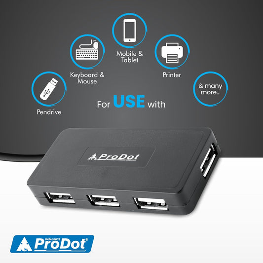 ProDot 4-in-1 USB Hub 2.0 with Hi-Speed Data Transfer 480 Mbps I Plug & Play I Universally Compatible with Speaker, Laptop, Hard Drive, PC, Laptop etc. I 1 Year Warranty (Play Plus)