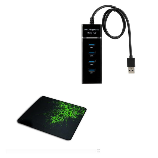 Adefex 2-in-1 Combo - USB 3.0 4-Port Hub with LED Power Indicator High-Speed USB Hub with Thick Non-Slip Rubber Base 2mm Mouse Pad Desk Mat for Laptop/Computer/PC - Black